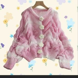 New Pastel Pink Oversized Knit Floral Button Up Sweater